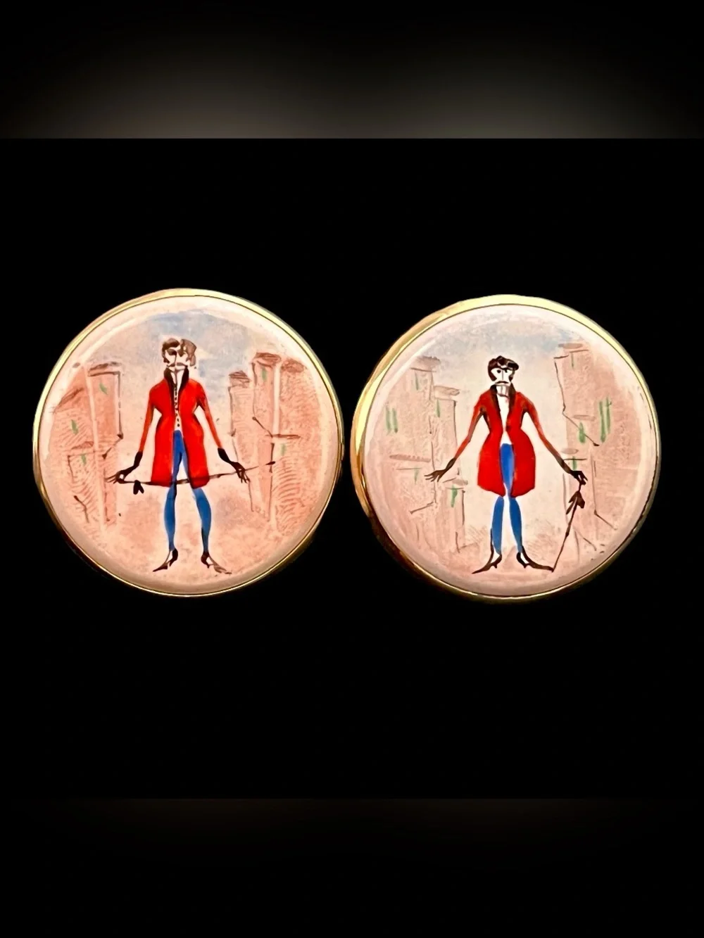 Vintage Italian Porcelain Cufflinks Large 1.75 inch Hand Painted Dandy Man Brass